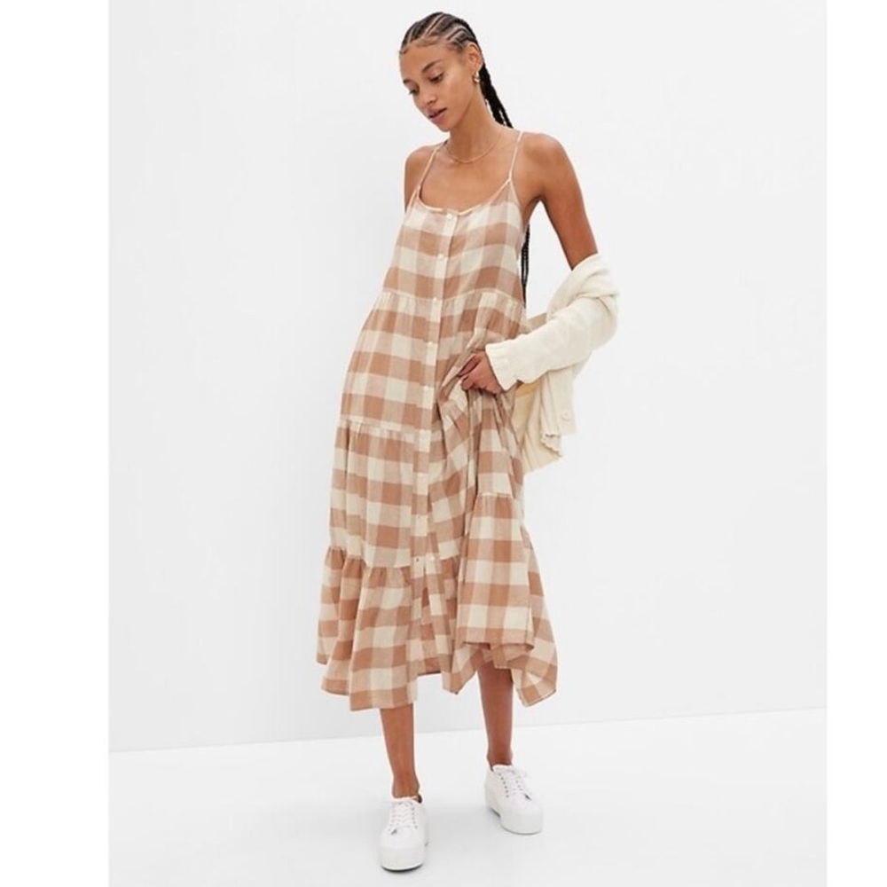 GAP Beige and Cream Gingham Maxi Dress